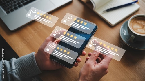 User interacts with a mobile device displaying various customer satisfaction ratings overlayed on the screen