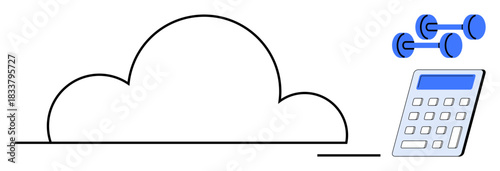 Fitness tracking, data management, cloud storage, health monitoring, technological synergy, hybrid systems. A cloud, calculator and dumbbells. Fitness tracking and data management concepts