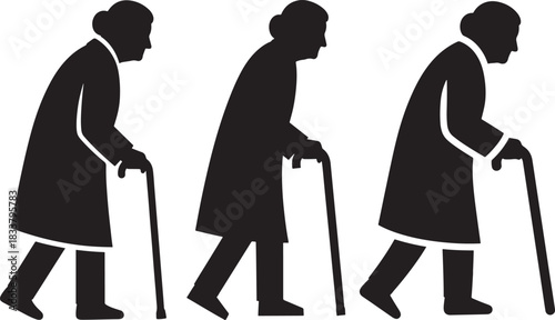 Three elderly people walking with canes silhouette