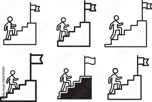Six different stick figure silhouettes climbing stairs towards a flag silhouette