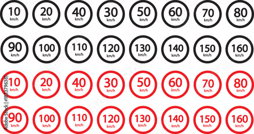 Speed limit sign 10, 20, 30, 40, 50, 60, 70, 80, 90, 100, 110, 120, 130, 140, 150, 160 km h icon. Road signs with speed limit warnings. printable traffic signs and symbols. Speed limit road sign icon 