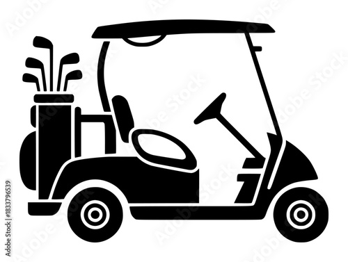 Black and White Icon of a Golf Cart with Clubs