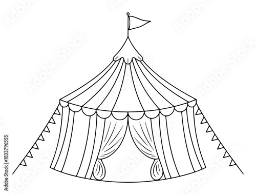 Black and White Illustration of a Classic Circus Tent with Flag and Bunting
