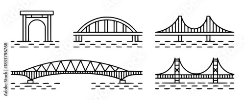 Collection of stylized line art bridge illustrations over water