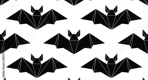 Spooky halloween seamless pattern with stylized black bats flying in repeating formation for festive decorations and scary designs isolated on white background