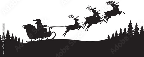 Black silhouette illustration of Santa Claus riding his sleigh, Designed in a clean, long horizontal composition, Crisp black silhouette for bold seasonal visuals, Santa soaring through the night sky.