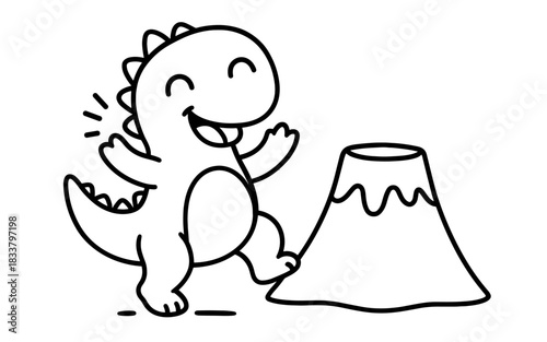 Cute dinosaur celebrating beside volcano in adorable outline art style