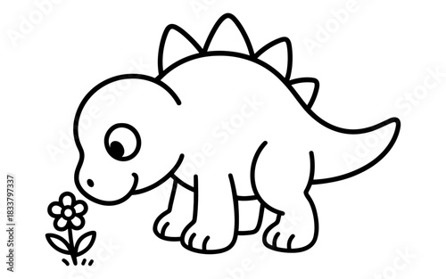 Cute dinosaur looking at flower outline – adorable black and white cartoon design for kids