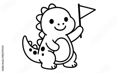 Cute dinosaur holding flag in simple line art style