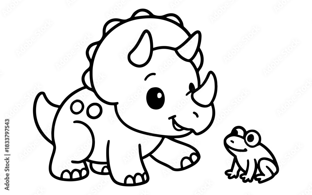 Obraz premium Cute dinosaur and frog cartoon outline for kids coloring