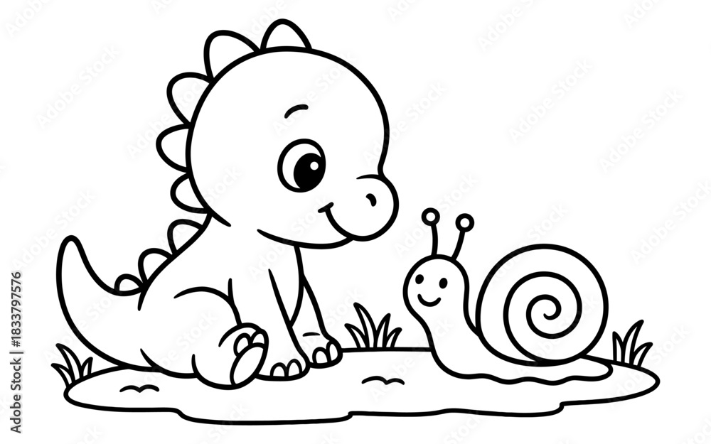 Obraz premium Cute cartoon dinosaur and snail coloring page for kids
