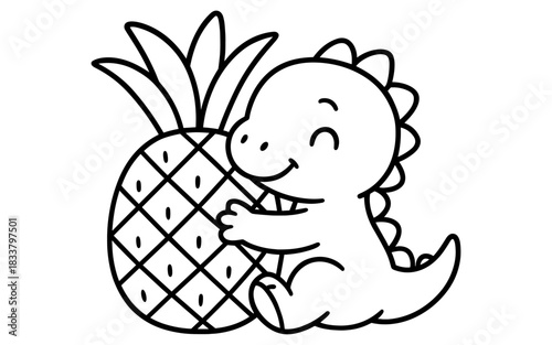 Adorable dinosaur hugging pineapple in black and white