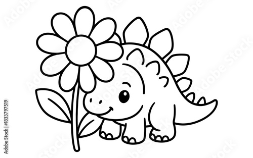 Cute dinosaur next to flower outline for kids' coloring fun