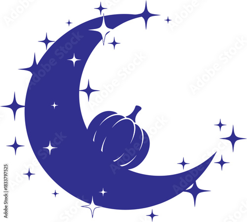 Whimsical blue crescent moon with a silhouette of a snail and sparkling stars in a dreamy night sky scene isolated on white background