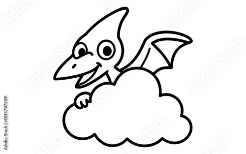 Playful cartoon pterodactyl outlined above cloud for kids