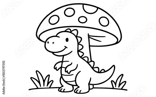 Cute dinosaur with mushroom coloring page for kids in black and white