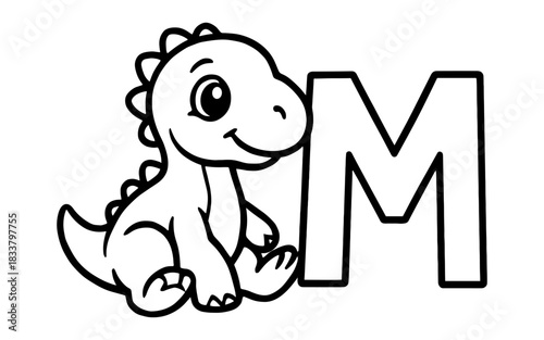 Cute dinosaur with letter m outline for kids' alphabet learning