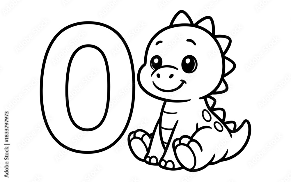 Fototapeta premium Adorable dinosaur with number zero for kids' coloring activity