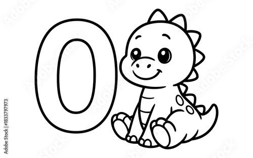 Adorable dinosaur with number zero for kids' coloring activity