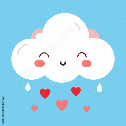Cute kawaii cloud raining hearts and drops on a blue sky background
