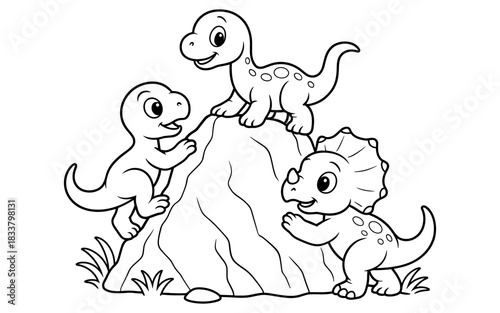 Cute cartoon dinosaurs climbing on a rock happy playful scene for kids