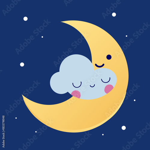 Cute sleeping cloud nestled in a crescent moon under starry night sky