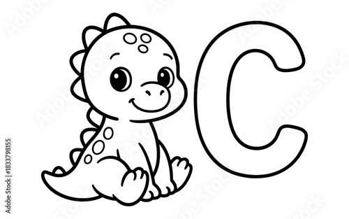 Cute dinosaur character with letter c for kids coloring book