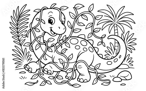 Cute dinosaur coloring page with jungle background and leafy vines