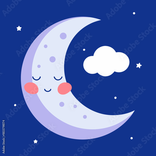 Cute sleeping crescent moon with blush cheeks and stars in the night sky