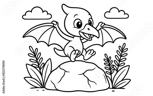 Cute cartoon dinosaur: playful pterosaur with wings in a black and white outline for kids coloring page
