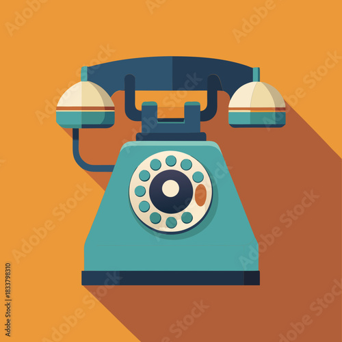 Retro turquoise rotary dial telephone with dark blue accents on orange background