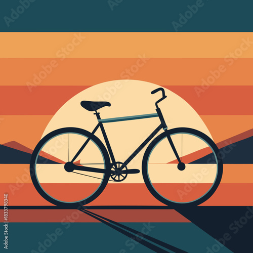 Stylized bicycle silhouette against a retro sunset and mountain landscape