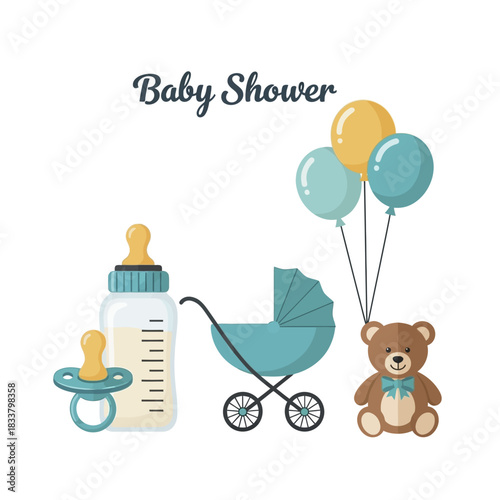 Baby Shower Celebration with Baby Bottle, Pacifier, Stroller, Teddy Bear, and Balloons.
