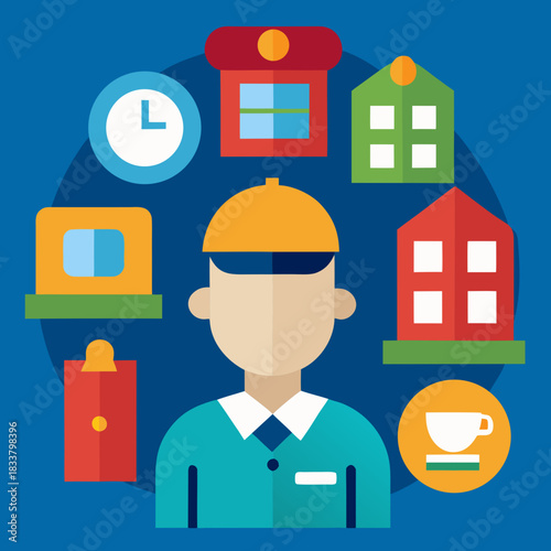Flat design character surrounded by icons representing services and businesses