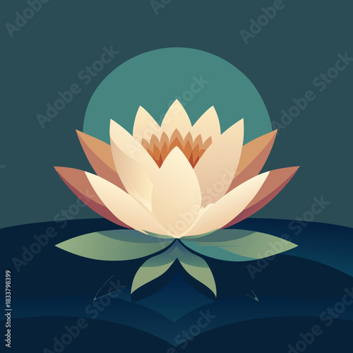 Serene water lily blooms gracefully on calm dark water under a teal moon