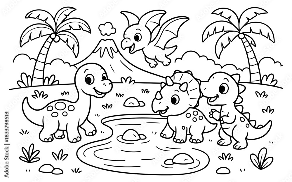 Fototapeta premium Cute dinosaur coloring page for kids with playful prehistoric scene