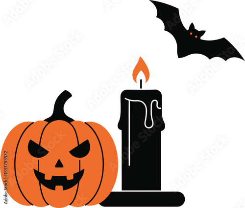 Spooky halloween pumpkin lantern with flickering flame and flying bat silhouette for festive decorations and celebrations isolated on white background
