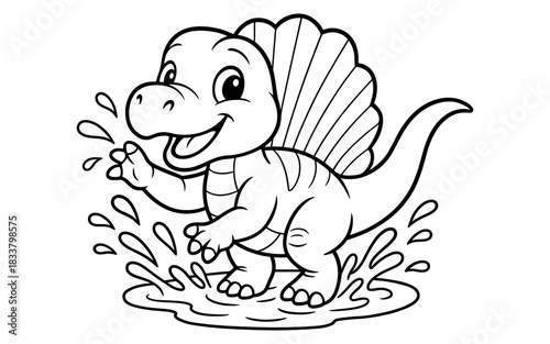 Cute dinosaur splashing in water: fun and playful cartoon line art for kids