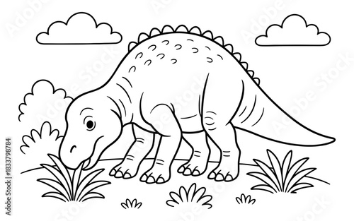 Adorable dinosaur grazing in prehistoric landscape with simple line art design