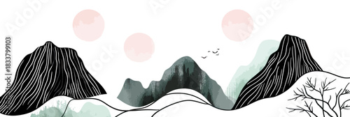 Minimalist Japanese style landscape with black mountain line art, soft watercolor hills, three pink sun motifs, and sparse tree silhouette vector illustration