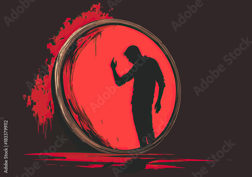 Silhouette of stressed man confronting large circular red mirror reflection with abstract paint splashes dark background conceptual emotion struggle