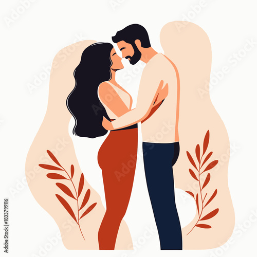 Romantic couple embracing tenderly face to face flat minimalist vector illustration with warm earthy tones and decorative foliage background