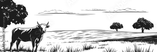 Black and white engraved style cow grazing in open grassy pasture with distant trees and minimalist landscape horizon vector illustration