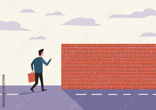 Businessman walking toward brick wall barrier on road symbolizing obstacle challenge career difficulty dead end concept in minimalist flat vector style