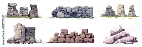 Cartoon set of ancient stone walls and ruins with broken brick fences, old rock towers, rubble piles, and grass in flat minimalist vector style