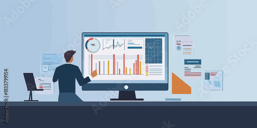 Business analyst monitoring financial graphs and charts on desktop computer screen with data reports and documents in office workspace illustration