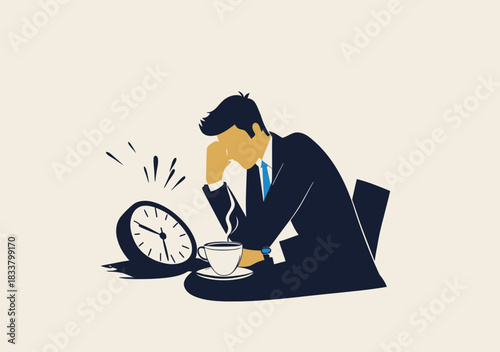 Stressed businessman resting head on hand with coffee cup and ringing alarm clock flat minimalist vector illustration concept of break and time pressure management