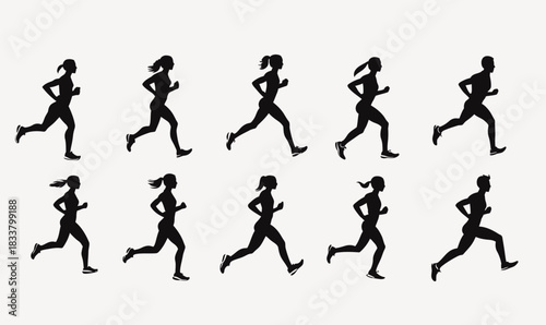 Set of ten black silhouette runners in various jogging and sprinting poses showing athletic movement and fitness training in minimalist flat vector style illustration