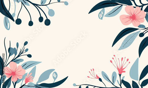 Ornate floral border frame with pink flowers blue leaves and berries minimalist flat vector decorative wreath for wedding invitation greeting card design background