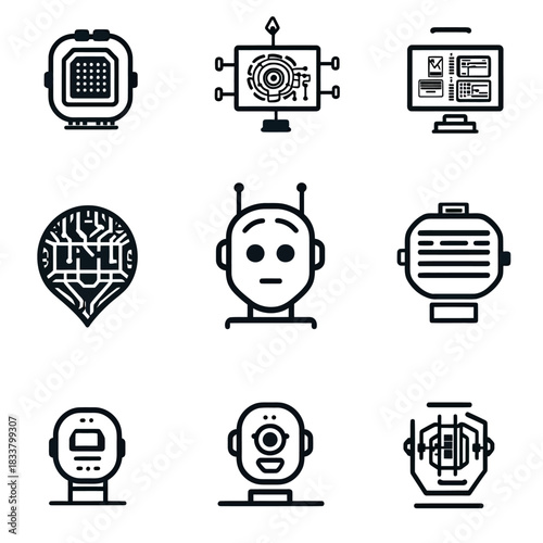 Artificial intelligence technology and robot head icons set with microchip, machine learning, neural network, programming and AI interface concept in minimalist line style